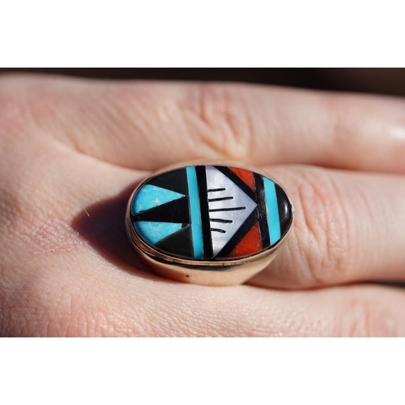 Leslie & Gladys Lamy LG Zuni Native Indian Sterling Multi Stone Inlay‎ Size 10.5